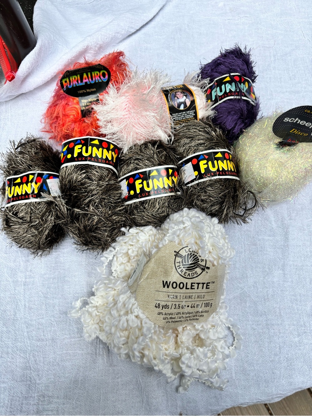 Lot of Various Yarns Funny Lux-Pelsgarn, Funny Pelsgarn, Woolette, See descript